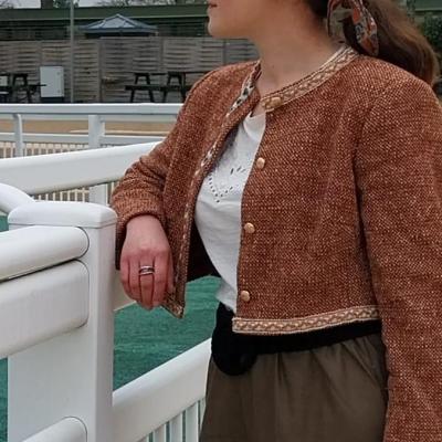 Veste de tailleur en laine brun rose avec pantalon assorti creation upcyclee fifi au jardin i6